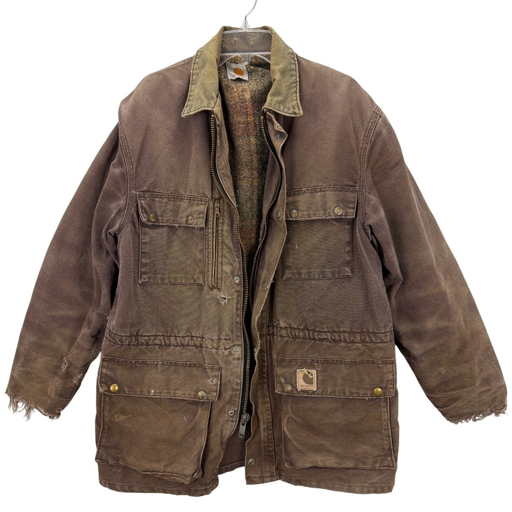 Vtg Carhartt Distressed Lined Chore Coat Field Jacket Brown XL Trashed Rugged